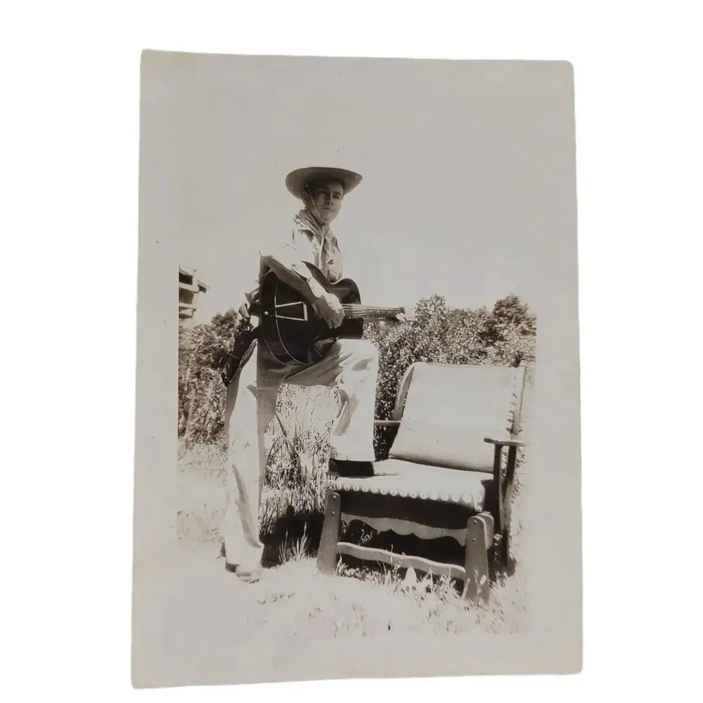 Antique‎ 1920s Era Photograph Man w/ Guitar & Holstered Gun Cowboy Country Music